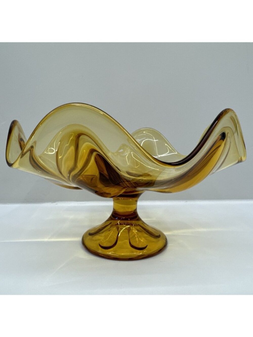 Amber Pedestal Glass Bowl Wavy Rim 11" Diameter Vintage Art Glass Centerpiece - Picture 3 of 7